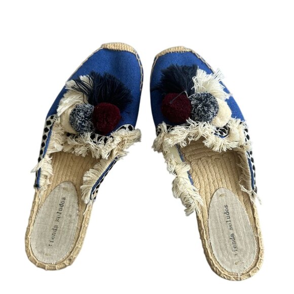 SOLUDOS Tienda Blue Pom Fringe Espadrille Flats Mules Size 8 - Picture 2 of 6